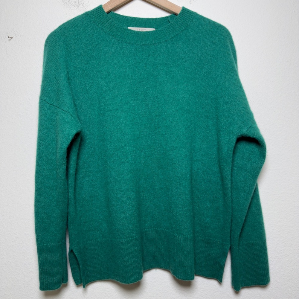 LOFT Women 100% Cashmere Sweater Large Green Crewneck Goblincore Preppy